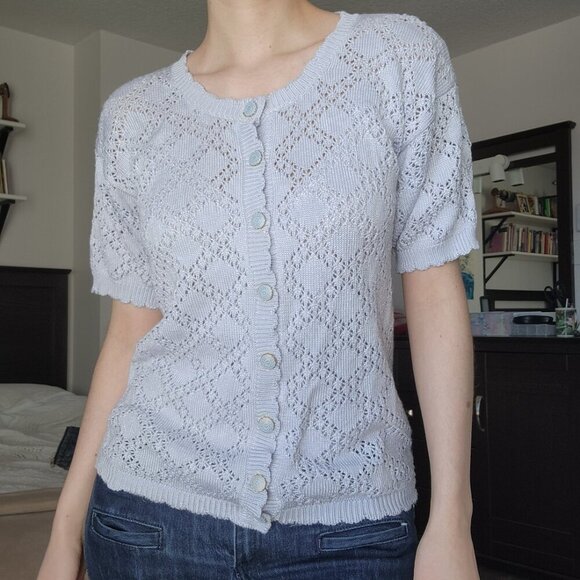 Vintage 70s pastel blue crochet short-sleeved button-up cardigan ✦ coastal grand - Picture 10 of 10